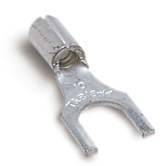 Non-Insulated Fork Terminal, Length .82 Inches, Width .38 Inches, Bolt Hole #10, Wire Range #12-#10 AWG, Copper, Tin Plated
