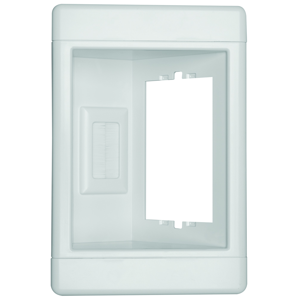Single-Gang Recessed TV Box with Low-Voltage Pull-Through Brushes. Ideal for flat-screen TVs, home office, kitchen counter tops, and behind furniture to allow snug-to-wall placement. Devices sold separately.