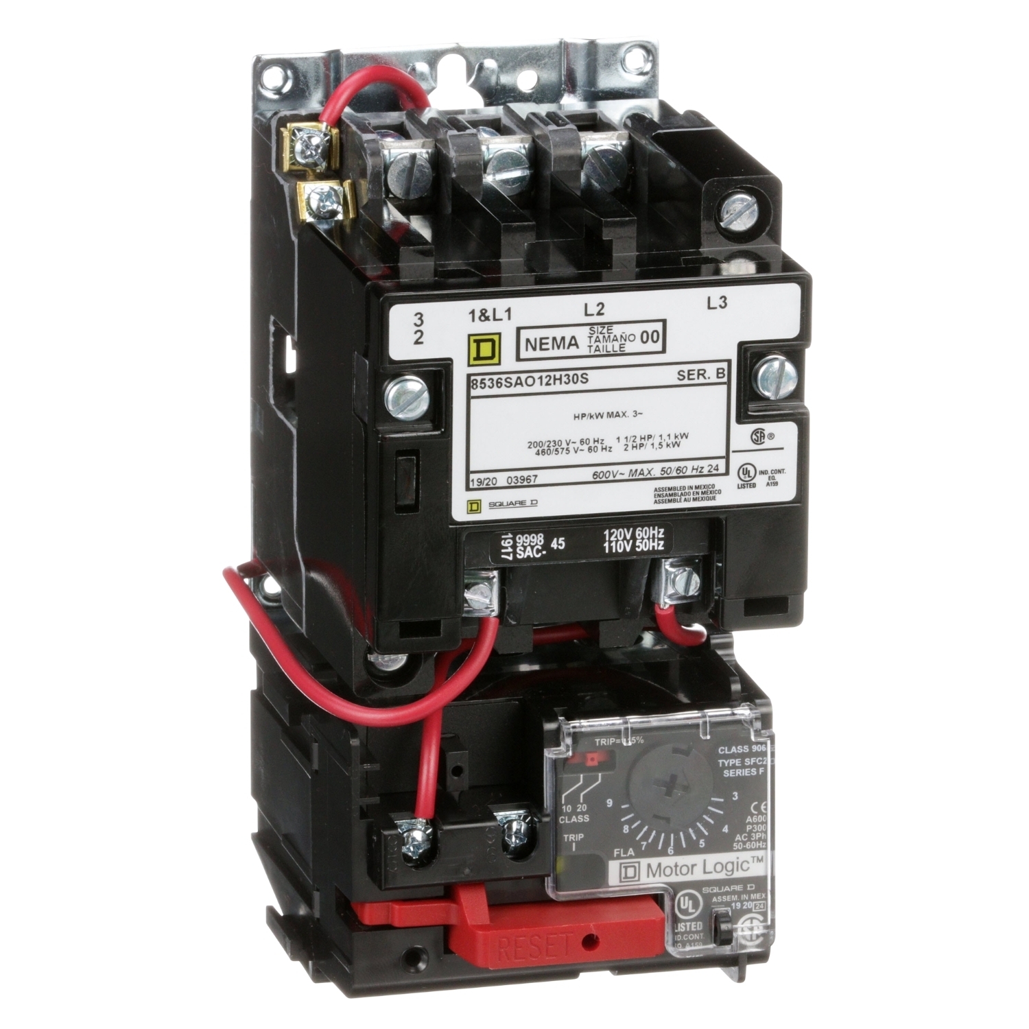 NEMA motor starter, Type S, nonreversing, Size 00, 9A, 2HP at 460VAC, up to 100kA SCCR, 3 phase, 3 pole, Motor Logic, 120VAC coil, open [TAA]