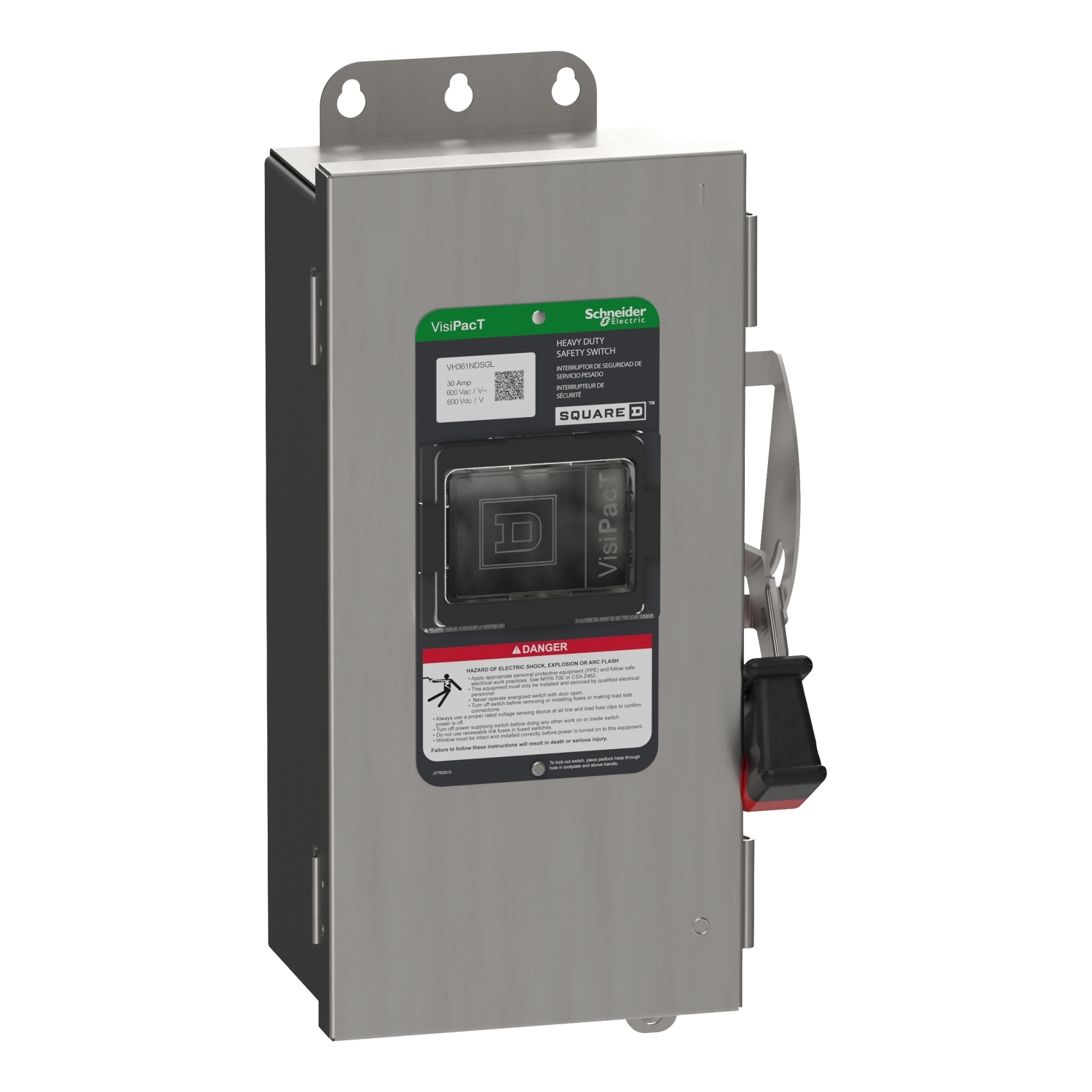 Safety switch, VisiPacT, heavy duty, fused, viewing window, NEMA 4X, 600V, 30A, 3 pole, neutral installed, ground lugs
