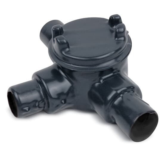 PVC Double-Coated Conduit Outlet Box for Hazardous Locations, GUAT Type - T Shape, Pipe Size 3/4 Inch/21 Metric, Box is Ductile Iron with Zinc Plating, Cover is Die Cast Aluminum, Cover Opening 3.00 Inch/76.20 Millimeters, Gray