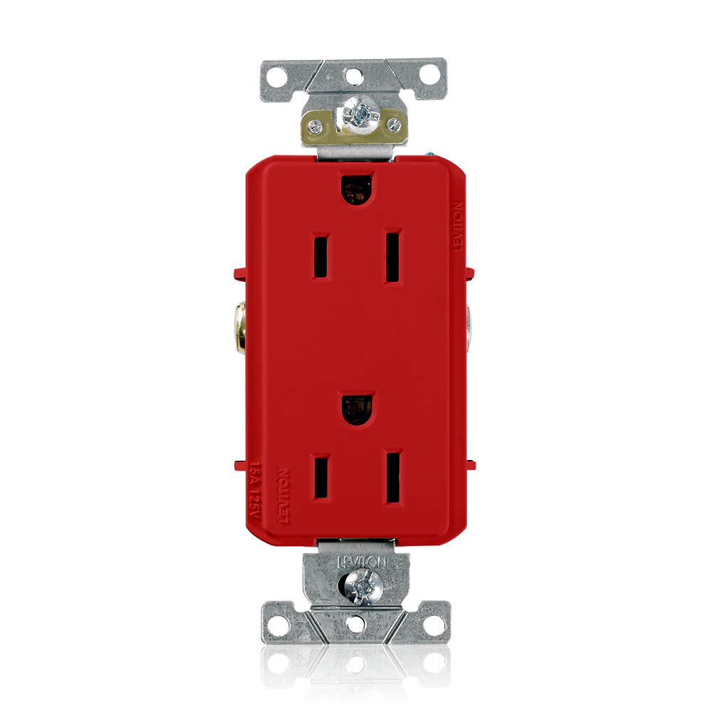 15A 125V NEMA 5-15R 2P 3W Decora Plus. Duplex Receptacle. Straight Blade. Commercial Grade. Self Grounding. Back and Side Wired. Steel Strap - Red