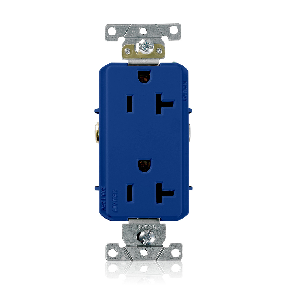 20 Amp, 125 Volt, NEMA 5-20R, 2P, 3W, Decora Plus Duplex Receptacle, Straight Blade, Commercial Grade, Self Grounding, Back & Side Wired, Steel Strap - BLUE