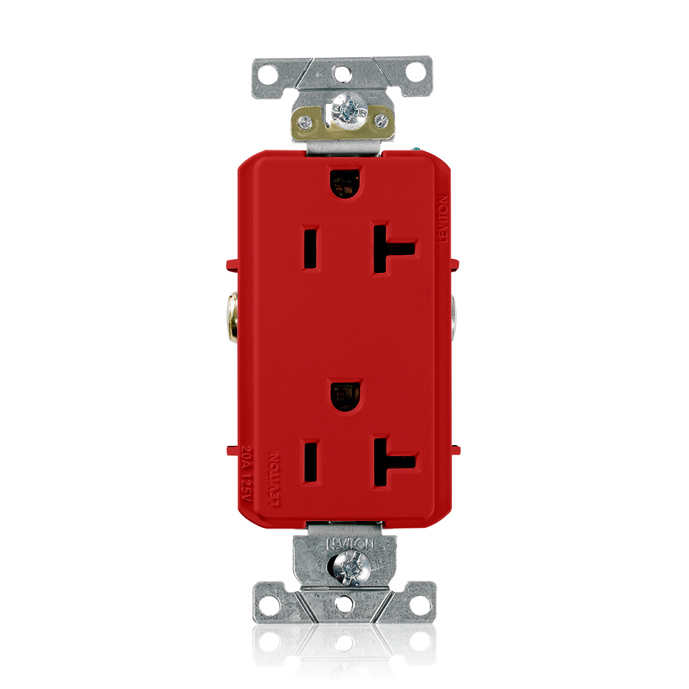 20A 125V NEMA 5-20R 2P 3W Decora Plus. Duplex Receptacle. Straight Blade. Commercial Grade. Self Grounding. Back and Side Wired. Steel Strap - Red