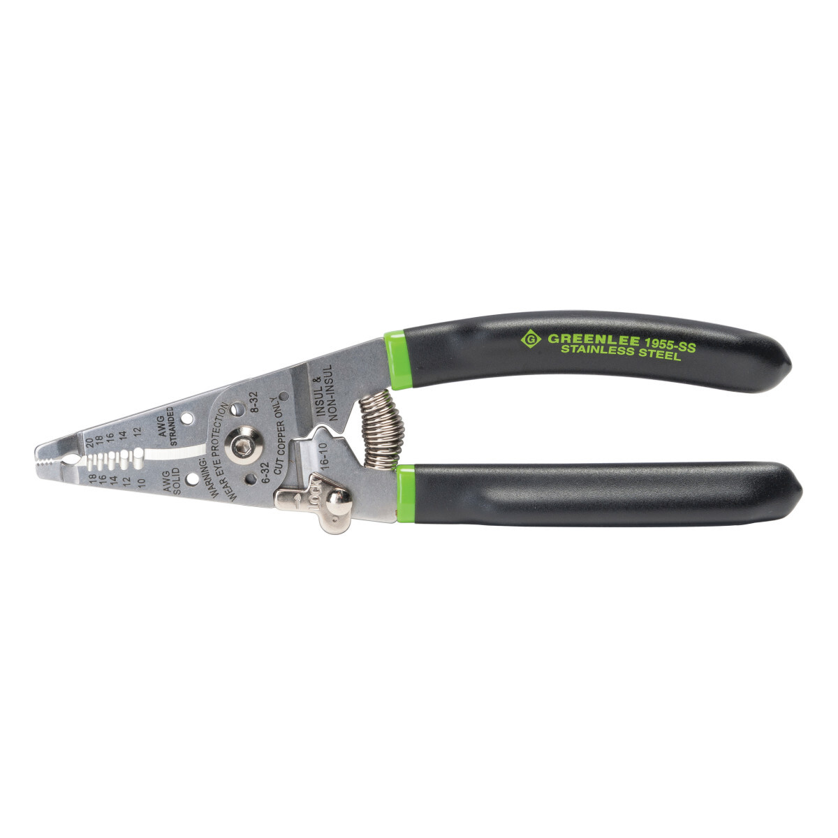 High grade stainless steel lasts 5X longer.     Precision ground stripping holes offer easy, consistent jacket removal.     Strips 10-18 AWG Solid and12-20 AWG Stranded conductors.     Cleanly shears 6-32 and 8-32 bolts.     Crimps 16-10 insulated and non-insulated terminals.     Multiple functions include plier nose, strippers, cutter, looping holes, crimper, bolt re-thread/shear and spring back with low profile lock.     High Grade knives resist chipping and marring.     Looping holes and serrated nose for bending, pulling and shaping wires.     Long-life spring and low-profile lock for quick, repetitive stripping and cutting.     Vinyl cushion grip resists slipping and has an ergonomic fit.