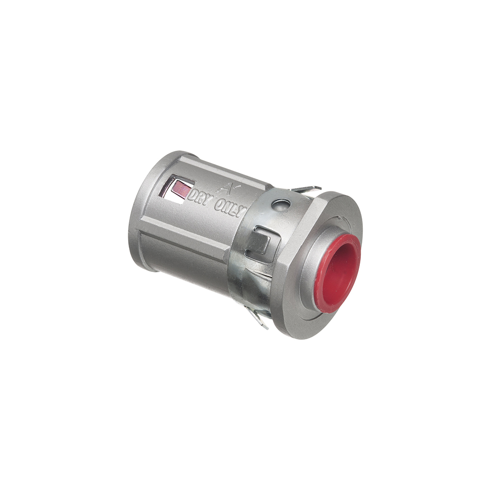 Zinc die-cast, 1/2" Knockout MC cable connector snaps quickly on to the conduit with an internal spring steel clip and then snaps into knockout with external spring steel clip, no tools required. Concrete tight when taped. Red tinted internal clip indicates easier insertion of conduit and comes with Insulated throat. Has rectangular end stop.