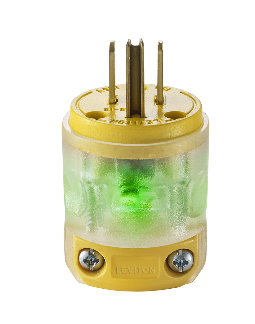 15A-125V. Plug. Round Dead Front. 2-Pole / 3 Wire. Nema 5-15P. Clear Husk With Yellow Vinyl Clamps And Face With Green Neon Inicator Light.