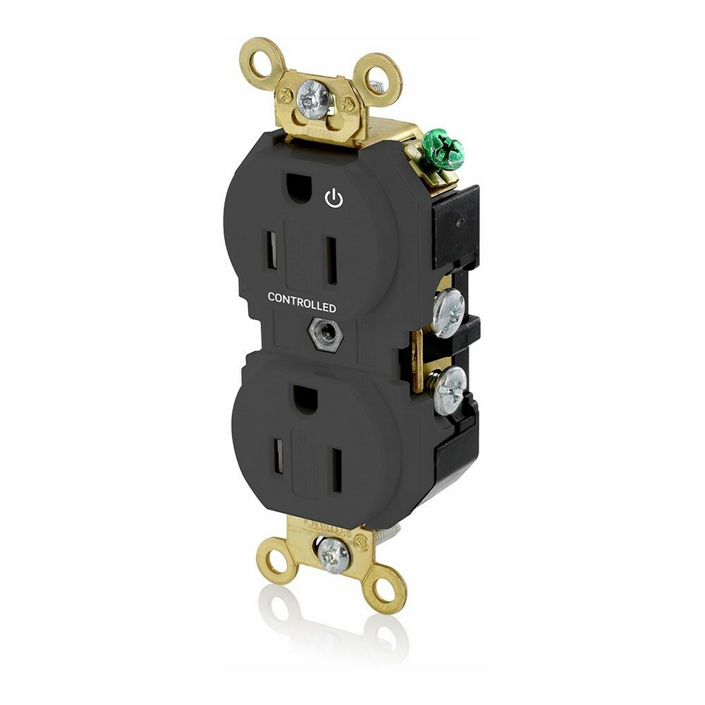15 Amp. 125 Volt. NEMA 5-15R. 2P/3W. Industrial Series Extra Heavy Duty Specification Grade. Duplex Receptacle. Hot Terminal Split w/ 1 Plug Controlled. Straight Blade. Self Grounding. Back And Side 8 Hole Feed-Thru Wired. Contractor Pack - Black