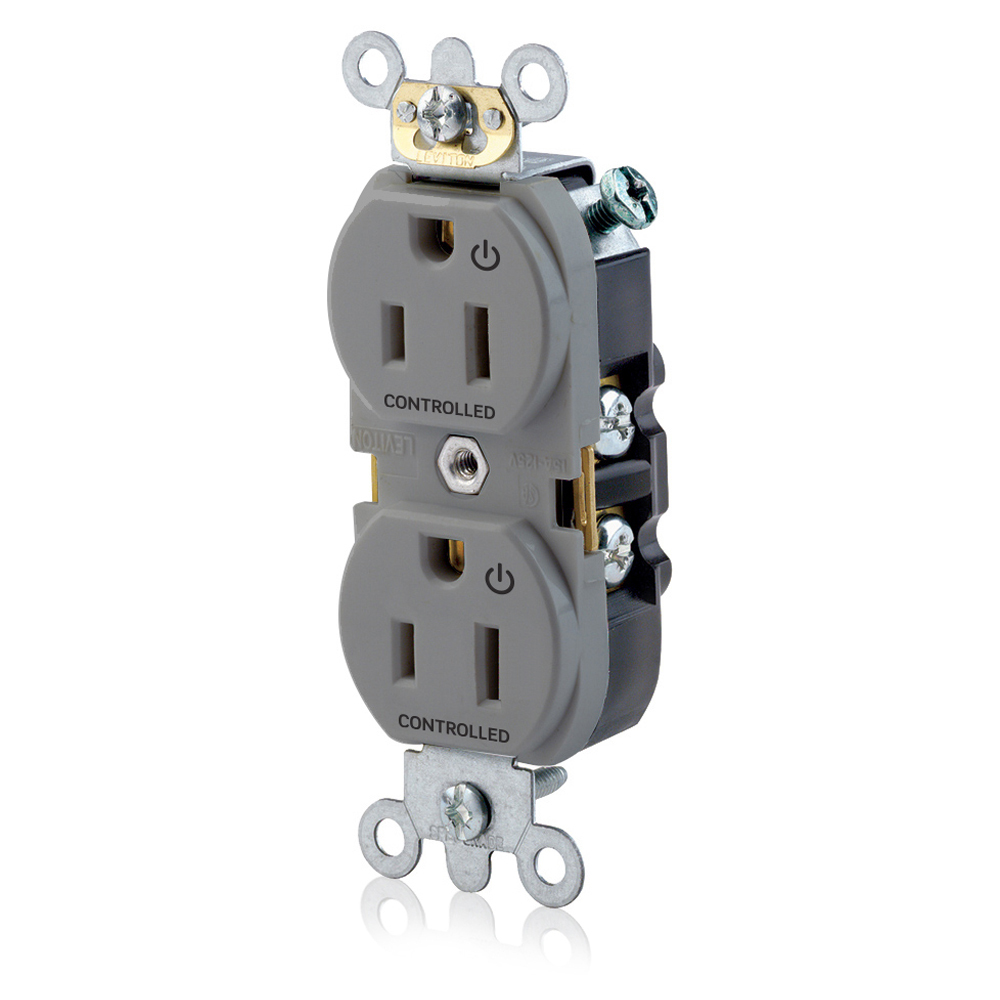 Duplex Receptacle Narrow Body Design. 2-pole 3-wire. Nema 5-15R. 15A-125V. Flat Face. Back And Sidewired. Industrial Spec Grade, Self Grounding. 2 Plugs Controlled Markings - Gray
