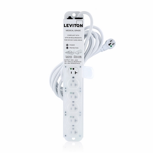 16A - 125VAC Medical Grade Power Strip.  Surge-protected.  With 6 Nema 5-20R Outlets With Locking Covers. 15-ft Power Cord With Right-angle Nema 5-20P Plug