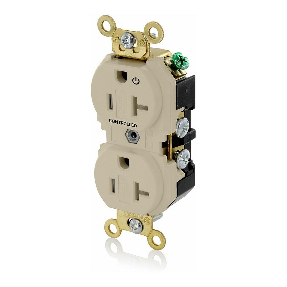 20 Amp. 125 Volt. NEMA 5-20R. 2P/3W. Industrial Series Extra Heavy Duty Specification Grade. Duplex Receptacle. Hot Terminal Split w/1 Plug Controlled. Straight Blade. Self Grounding. Back And Side 8 Hole Feed-Thru Wired. Contractor Pack - Ivory