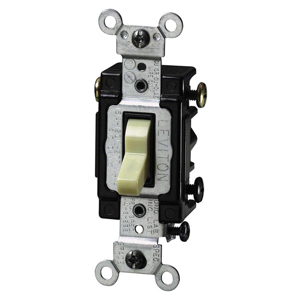 15 Amp. 120 Volt. Toggle Lighted Handle - Illuminated OFF 3-Way AC Quiet Switch. Commercial Grade. Grounding. Side Wired. - Ivory