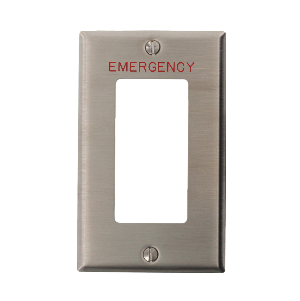 1-Gang Decora/GFCI Device Decora Wallplate Standard Size 302 Stainless Steel Device Mount Stainless Steel Emergency in red lettering satin finish