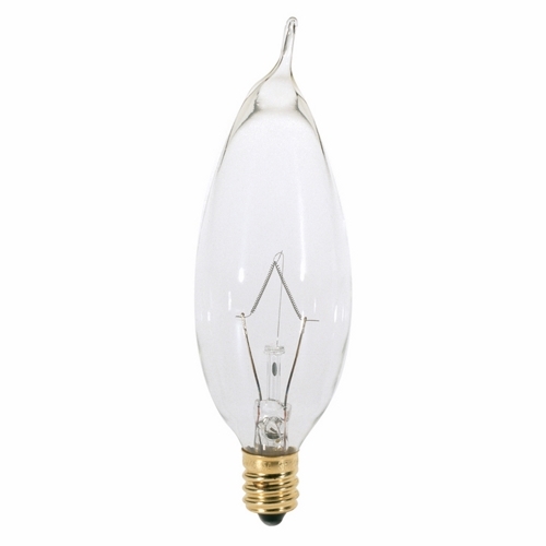 Incandescent Decorative Lamp, Designation: 25CA8, 130 V, 25 WTT, CA8 Shape, E12 Candelabra Base, Clear, CC-2V Filament, 2500 HR, Lumens: 210 LM Initial, 3-5/8 IN Length, 1 IN Diameter