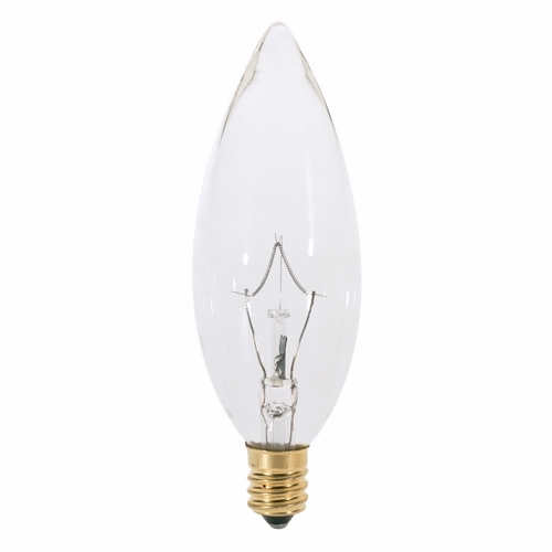 Incandescent Decorative Lamp, Designation: 40BA9 1/2, 130 V, 40 WTT, BA9 1/2 Shape, E12 Candelabra Base, Clear, CC-2V Filament, 2500 HR, Lumens: 384 LM Initial, 3-1/2 IN Length, 1-3/16 IN Diameter