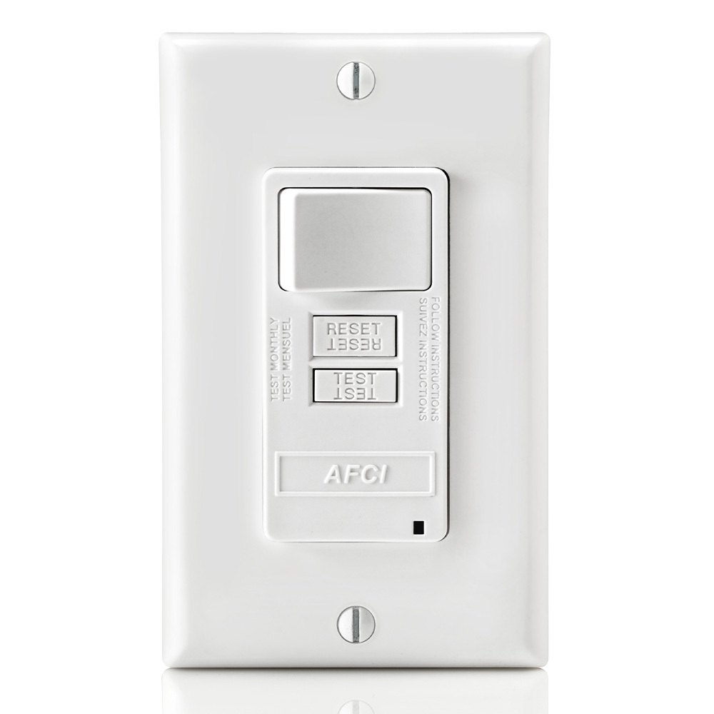 15 Amp Switch. 20 Amp Feed-Through. 125 Volt OBC AFCI with Switch. Monochromatic. Back and side wired. Wallplate sold separately. Self-grounding clip included - White