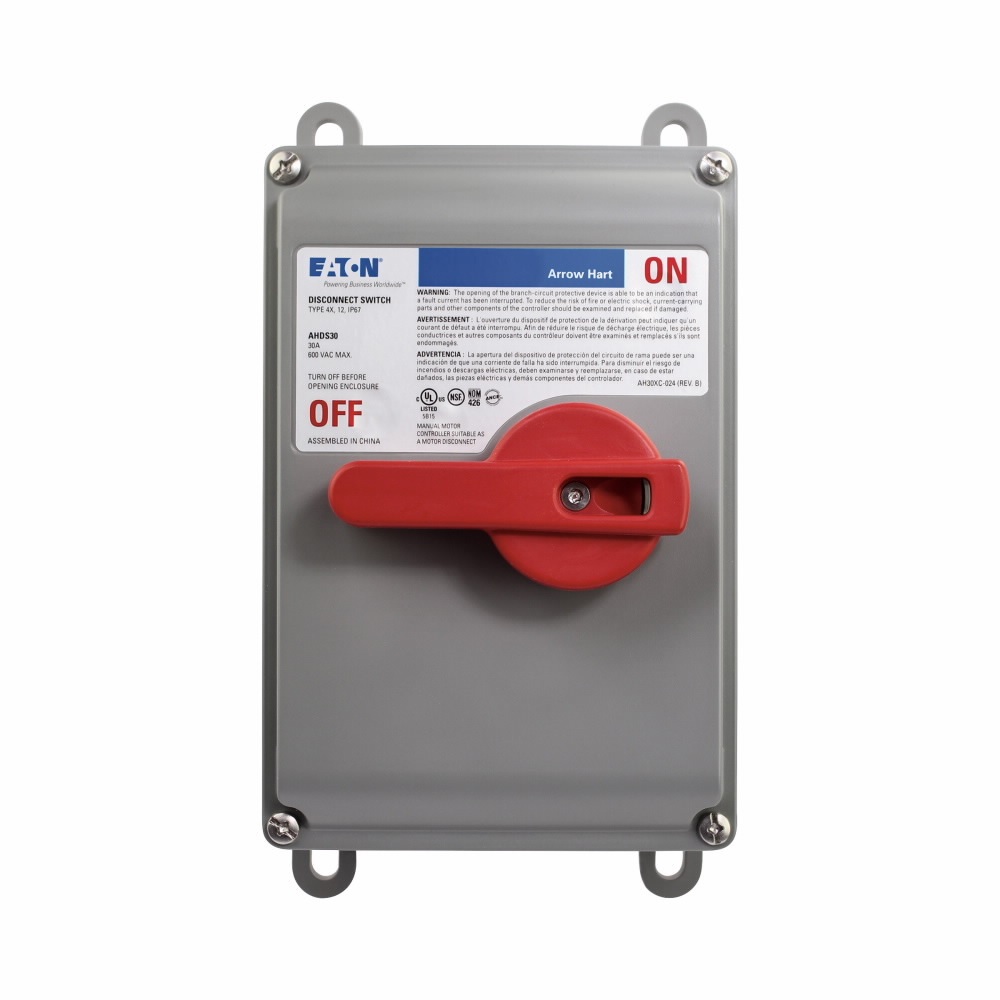 Eaton standard grade motor control disconnect switch, Non-fused, 30A, Flush or offset mounting, 600V, Auxiliary contact, Thermoplastic, Washdown environments, Three-pole, Three-phase, 4X{NR9}