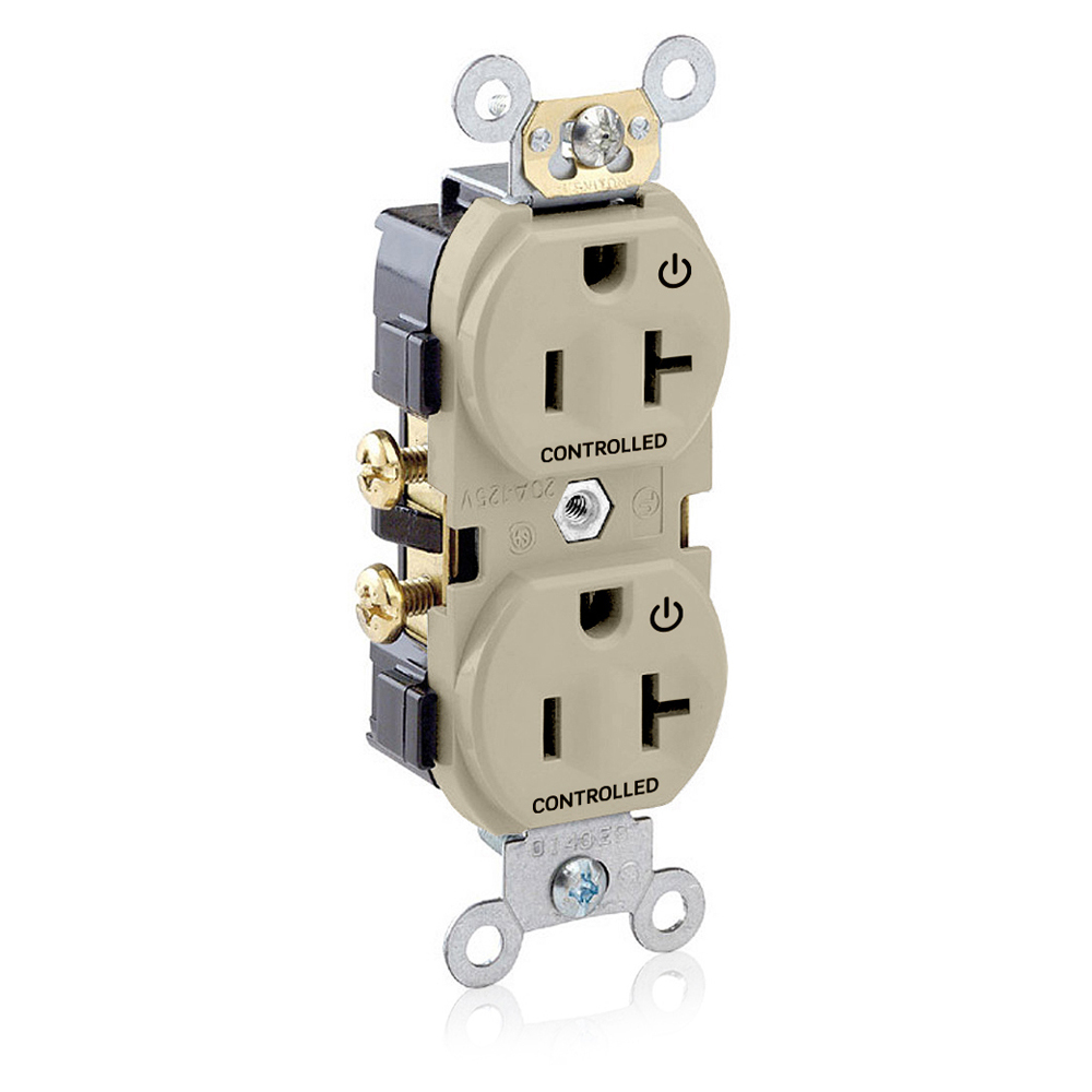 Duplex Receptacle. 2-Pole 3-wire.20A-125V. Snap On Flat Face Cover. Nema 5-20R. Side Wire Only. Commercial Grade 2 Plugs Controlled Markings - Light Almond