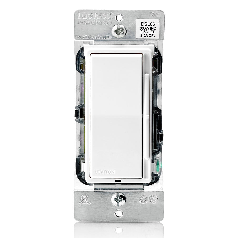 Universal Decora Dimmable LED. CFL and Incandescent Rocker-Slide Dimmer. 600W-120VAC Incandescent. 300W-120VAC Dimmable LED and CFL. 60Hz. Single Pole and 3-Way - White. Ivory And Light Almond