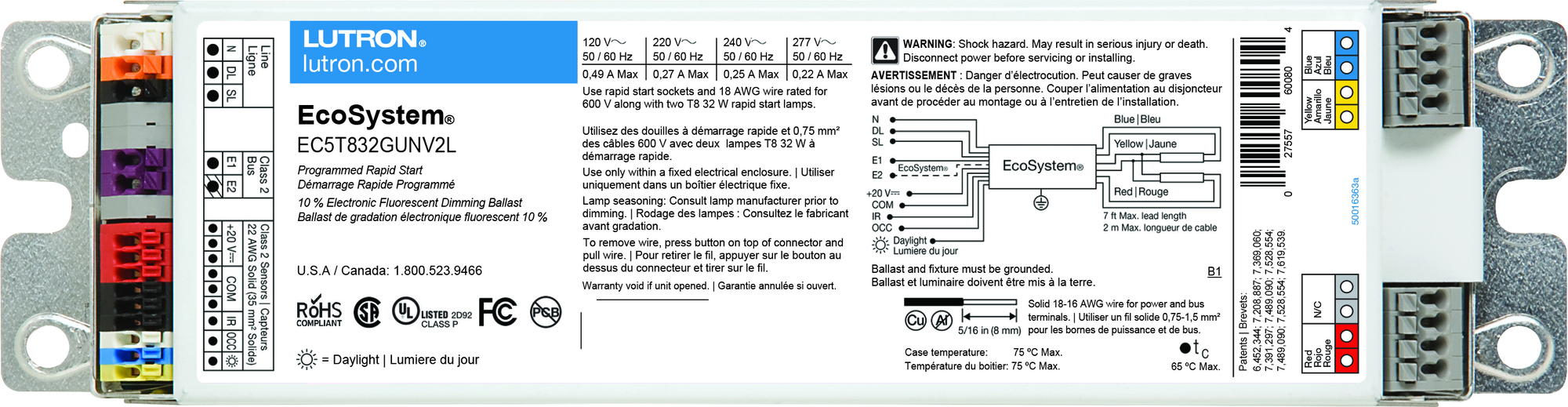 EcoSystem 10 percent 3-Wire and EcoSystem Digital Link Controlled T8 Linear and U-Bent 2 lamps, ballast factor of .85, with leads, G-can 32W/120/277V