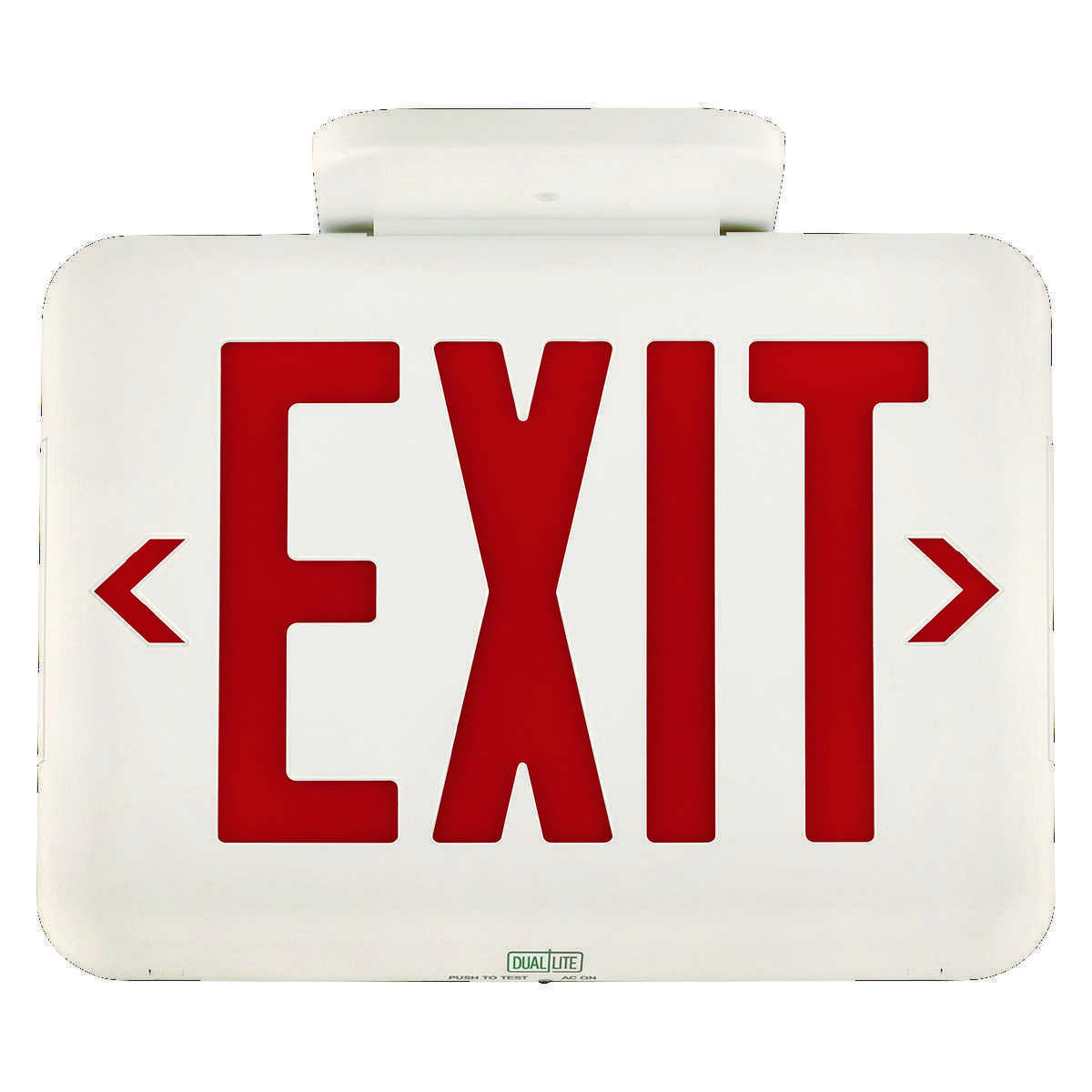 EVE Series LED exit sign, Face style: Universal Face, Wording On Sign: EXIT, Letter Color: Red, Housing Finish: White, Operation: Emergency, Battery Type: Nickel Metal Hydride (NiMH), Battery Runtime: 90 min, Voltage Rating: 120-277 VAC.