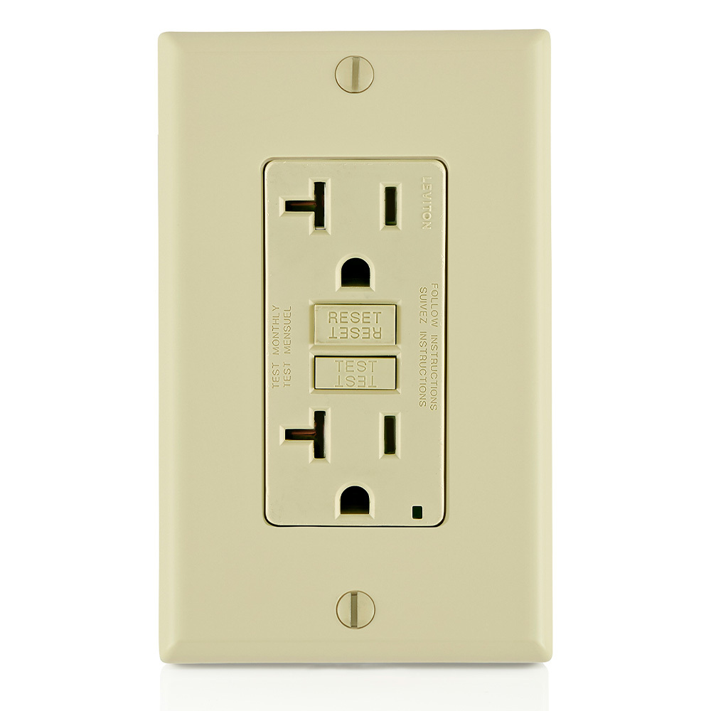 Shallow Tamper Resistant GFCI Receptacle Nema 5-20r 20a-125v Receptacle, 20a-125v Feed-through W/Test And Reset Buttons W/ Mounting Screw, Washers, Instruction Sheet, And Self-Ground Clip STD Nylon Wallplaye Included