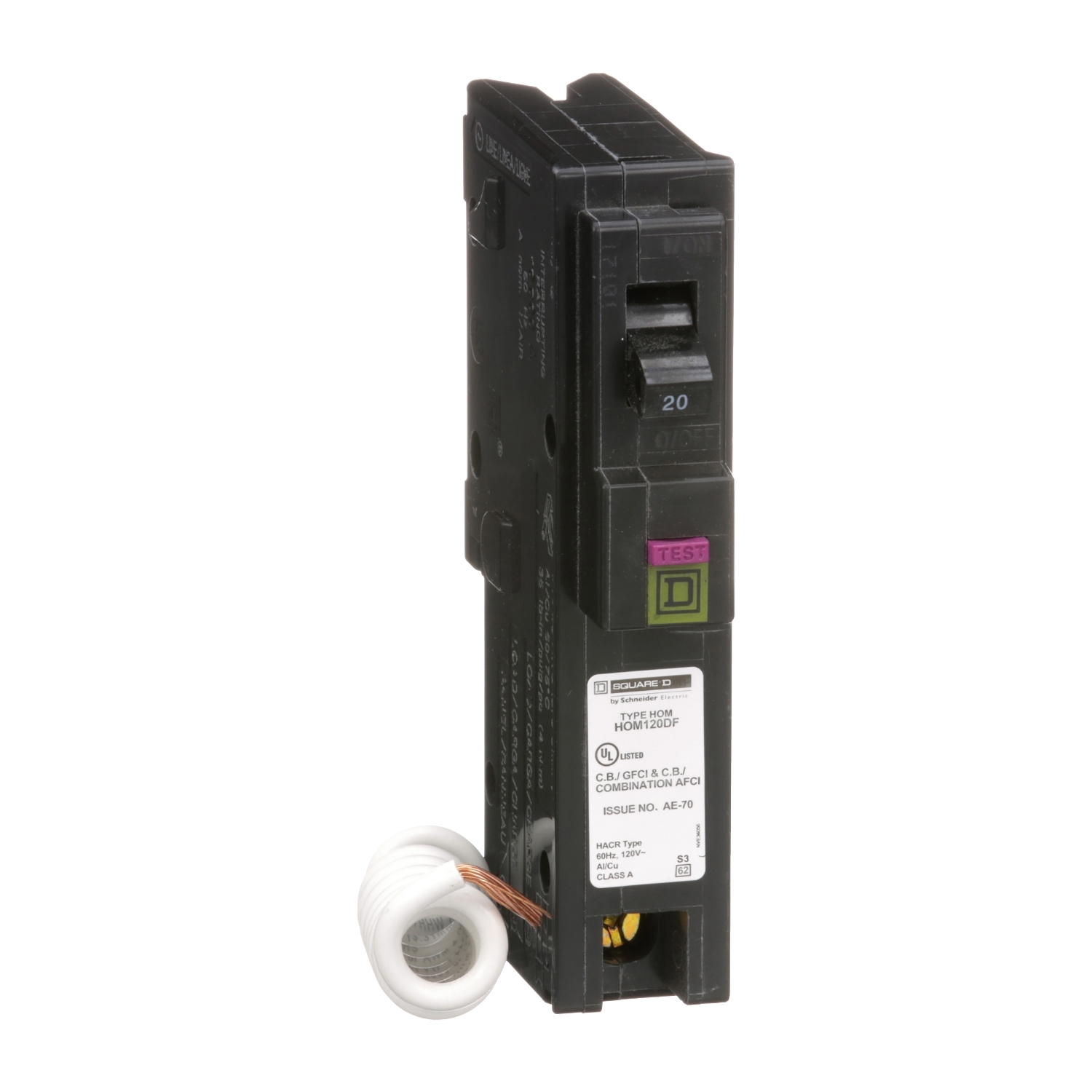 HOM120DF Homeline Miniature Circuit Breaker, 20 Amp, 1 Pole, 120V