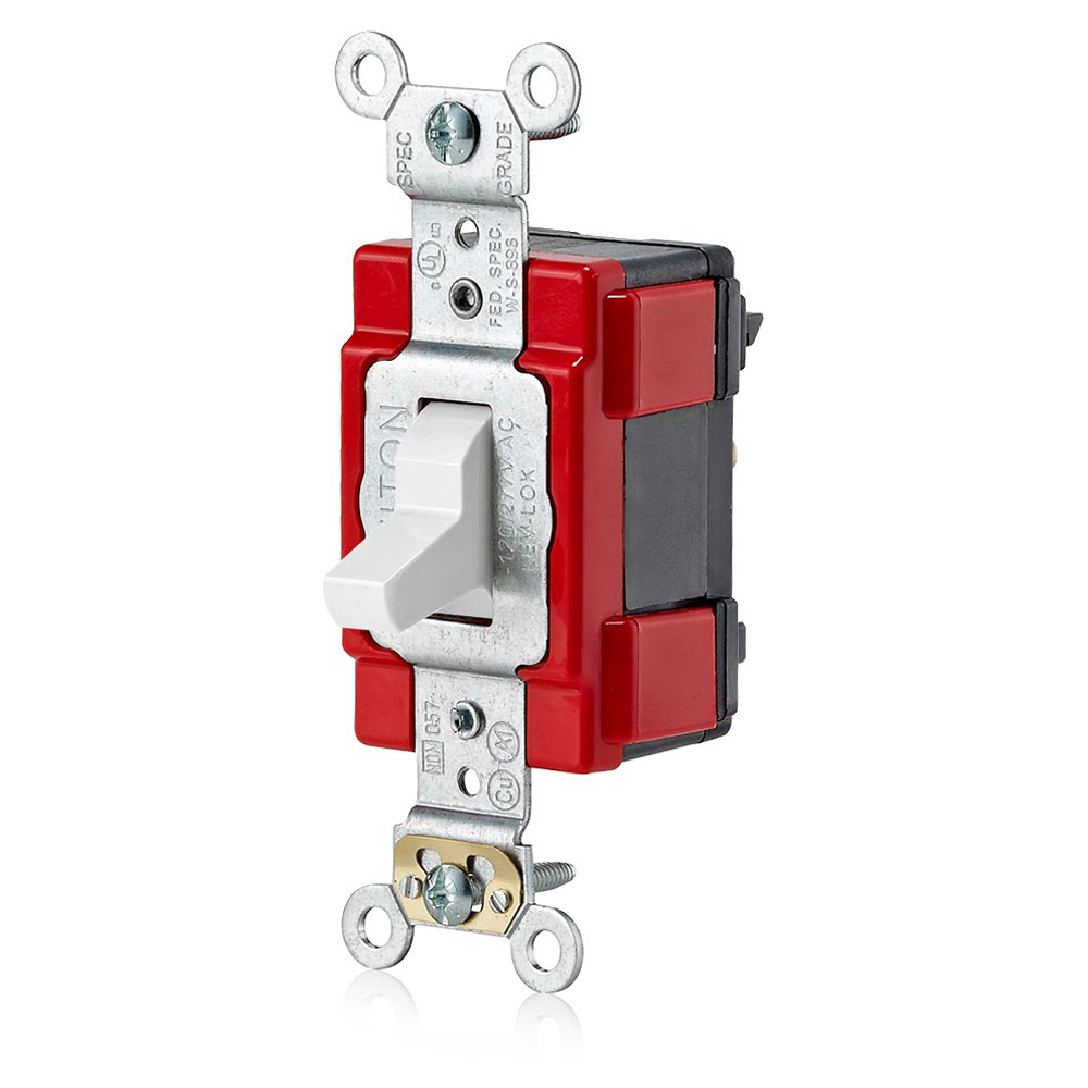 Lev-lok Switch. Large Toggle. Quiet 3-way. 20A - 120/277V AC. 1 Hp At 120V. 2 Hp At 240V. Configured Red Cover With White Toggle.