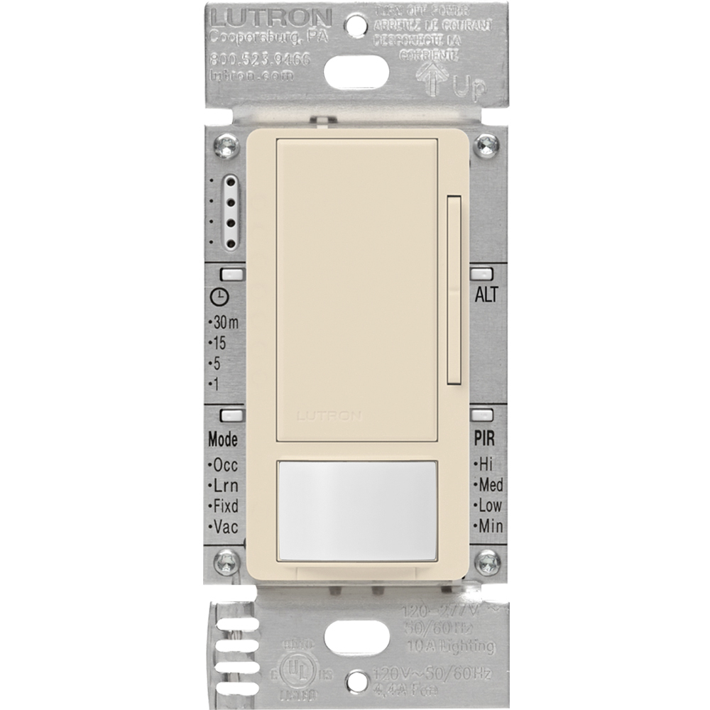 Maestro 0-10V dimmer occupancy/vacancy sensor, passive infrared, 8A fluorescent ballast or LED driver, 120-277V, in light almond