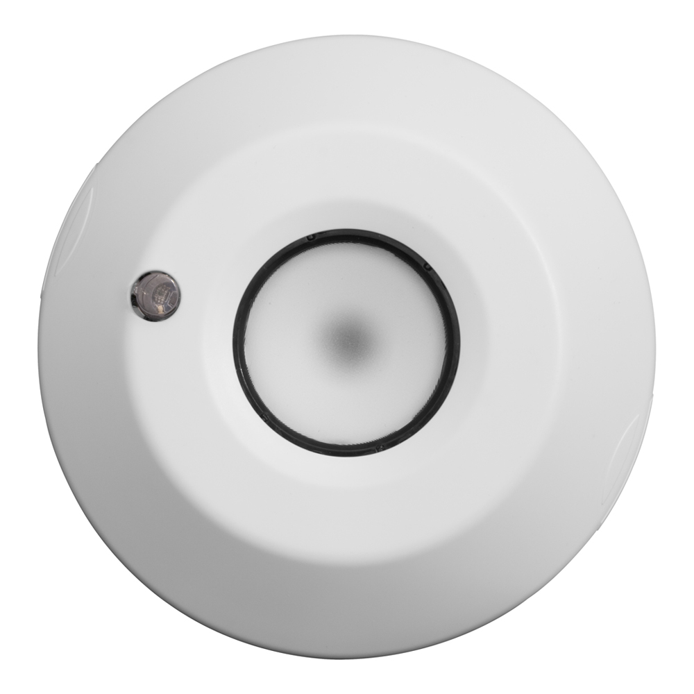 Line Voltage Ceiling Mount Photocell. Low profile 1 Zone. One relay rated 120-277VAC 50/60Hz. Includes One manual switch and emergency input.
