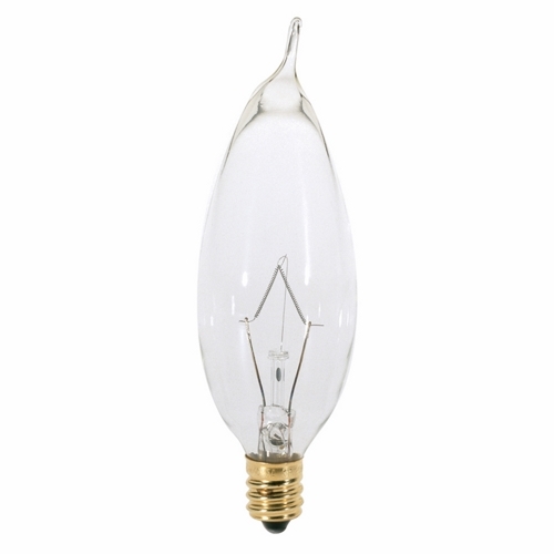Incandescent Decorative Lamp, Designation: 25CA8, 120 V, 25 WTT, CA8 Shape, E12 Candelabra Base, Clear, CC-2V Filament, 1500 HR, Lumens: 210 LM Initial, 3-5/8 IN Length, 1 IN Diameter