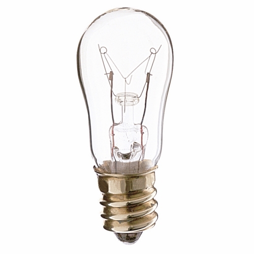Incandescent Indicator & Sign Lamp, Designation: 6S6, 130 V, 6 WTT, S6 Shape, E12 Candelabra Base, Clear, C-7A Filament, 2500 HR, Lumens: 30 LM Initial, 1-7/8 IN Length, 3/4 IN Diameter