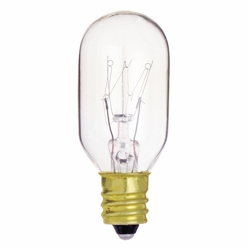 Incandescent Indicator & Sign Lamp, Designation: 15T7C, 130 V, 15 WTT, T7 Shape, E12 Candelabra Base, Clear, C-5A Filament, 2500 HR, Lumens: 95 LM Initial, 2-1/4 IN Length, 7/8 IN Diameter
