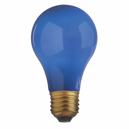 Incandescent General Service Lamp, Designation: 25A/B, 130 V, 25 WTT, A19 Shape, E26 Medium Base, Ceramic Blue, C-9 Filament, 1000 HR, Lumens: 80 LM Initial, 4-1/8 IN Length, 2-3/8 IN Diameter