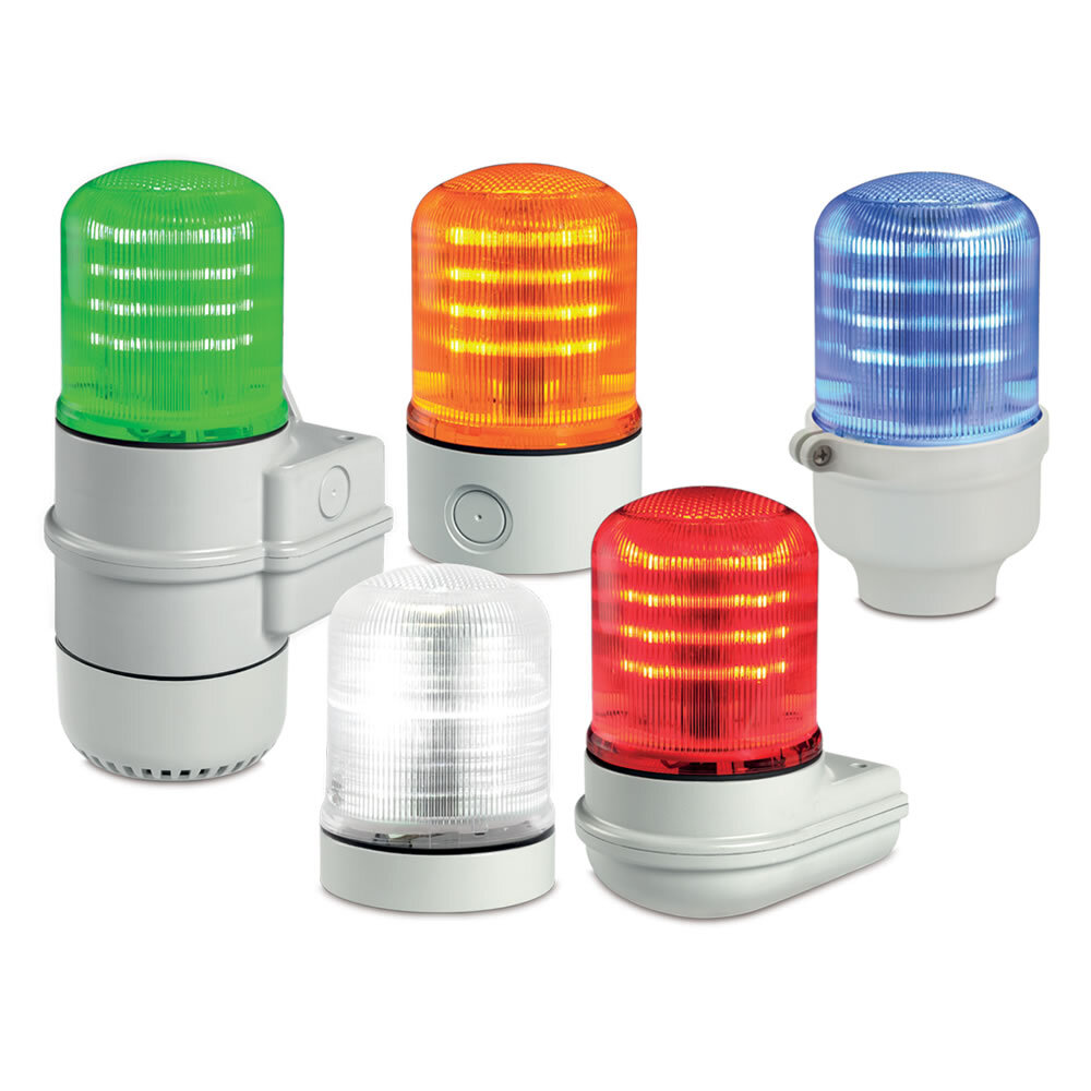 Streamline Modular Multifunctional LED Beacon, Amber - Compatible with 12-24VAC/DC or 120-240VAC (a). PLC compatible with PNP or NPN connections (a). Three separate inputs: steady, flashing or rotating. 50,000 hour LED. Five lamp/lens colors: Amber, Blue, Clear, Green and Red. Seven mounting base options. Type 4X, IP66 enclosure. IP69K compliant (b). CE Certified. UL and cUL listed. (a) Voltage and PLC connections are dependent on selected base. (b) IP69K with SLMBS, SLMBD or SLMBP bases and SLM-RR retaining ring.