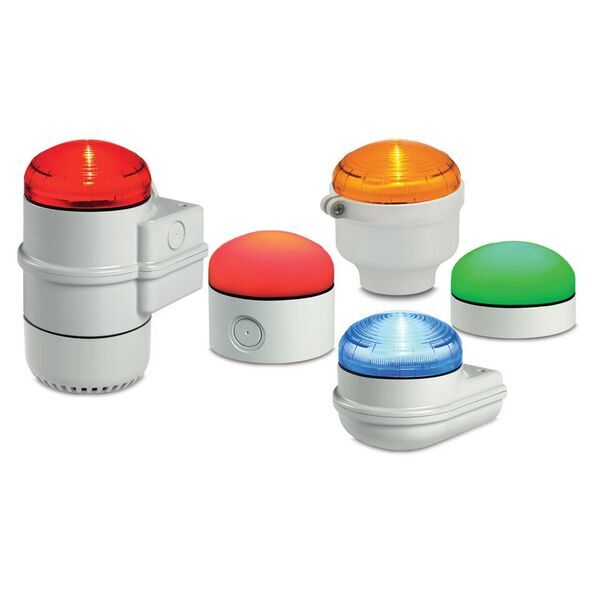 StreamLine Modular Multifunctional Low Profile LED Beacon, Opaque Lens, Red - Compatible with 12-24VAC/DC or 120-240VAC (a). PLC compatible with PNP or NPN connections (a). Steady, flashing or simulated strobe. 50,000 hour LED. Five lamp/lens colors: Amber, Blue, Clear, Green and Red. Seven mounting base options. Type 4X, IP66 enclosure. IP69K compliant (b). CE Certified. UL and cUL listed. (a) Voltage and PLC connections are dependent on selected base. (b) IP69K with SLMBS, SLMBD or SLMBP bases and SLM-RR retaining ring.