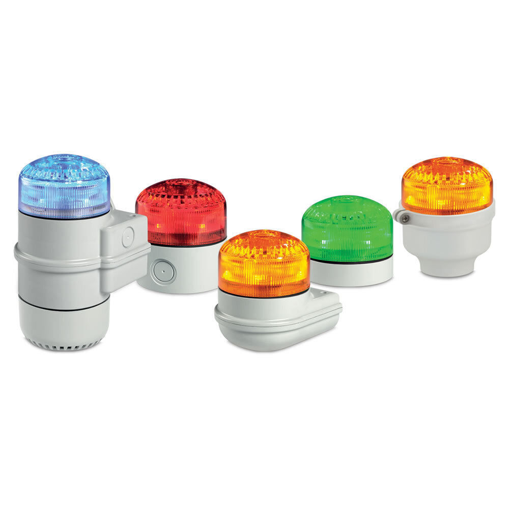 StreamLine Modular Multifunctional LED Combination Audible/Visual Signal, Amber - Compatible with 12-24VAC/DC or 120-240VAC (a). PLC compatible with PNP or NPN connections (a). Three channels included: Simulated strobe, Simulated strobe plus tone 1, Steady light plus tone 2. 50,000 hour LED. Five lamp/lens colors: Amber, Blue, Clear, Green and Red. Seven mounting base options. Type 3R, IP65 enclosure. CE Certified. UL and cUL listed. (a) Note: Voltage and PLC connections are dependent on selected base.