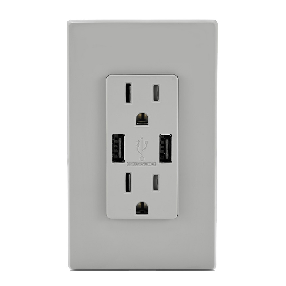 Combination Duplex Receptacle and USB Charger. 15 Amp, 125 Volt, Decora Tamper-Resistant Receptacle, NEMA 5-15R. 3.6 Amps, 5VDC, 2.0 Type A USB Chargers. Grounding, Side Wired & Back Wired - Gray.