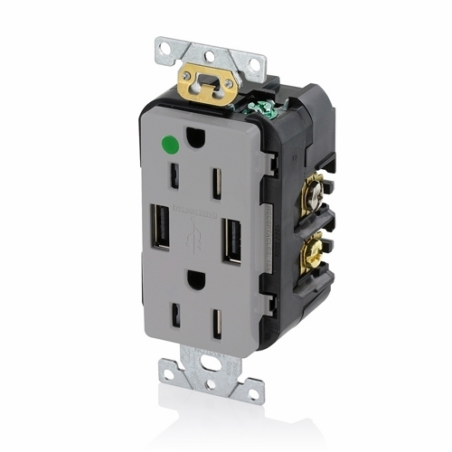 Hospital Grade. Combination Tamper-resistant Duplex. Decora Receptacle And Dual-port USB Charger. Nema 5-15R 15A-125V  2 Pole. 3-Wire Grounding. Receptacle - Gray