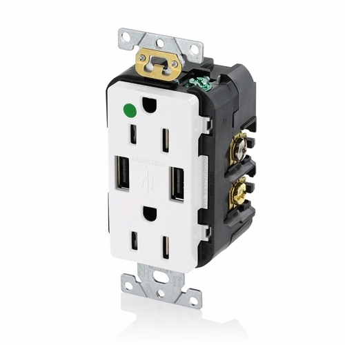 Hospital Grade. Combination Tamper-resistant Duplex. Decora Receptacle And Dual-port USB Charger. Nema 5-15R 15A-125V  2 Pole. 3-Wire Grounding. Receptacle - White
