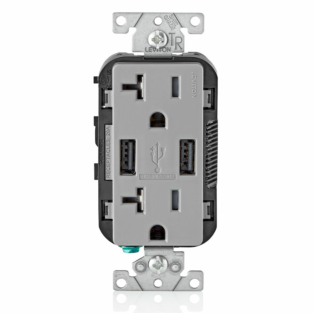 20 Amp/125 Volt. Combination Duplex Receptacle and USB Charger. Decora Tamper-Resistant Receptacle. NEMA 5-20R. 3.6 Amps. 5VDC. 2.0 Type A USB Chargers. Grounding. Side Wired And Back Wired - Gray