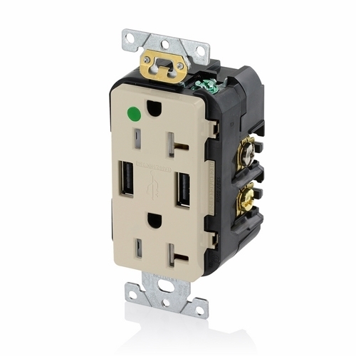 Hospital Grade. Combination Tamper-resistant Duplex. Decora Receptacle And Dual-port Usb Charger. Nema 5-20R 20A-125V. 2 Pole / 3-Wire Grounding Receptacle - Ivory