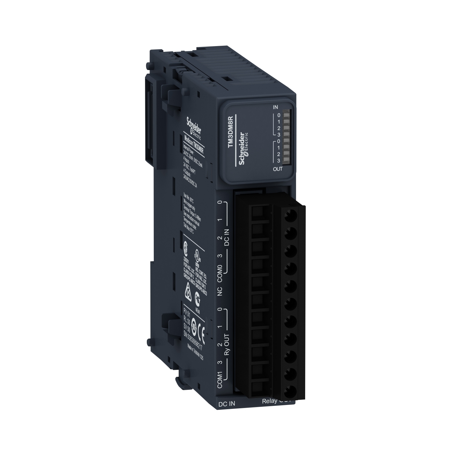 discrete I/O module, Modicon TM3, 8 IO, 4 inputs, 4 relay outputs, screw, 24V DC