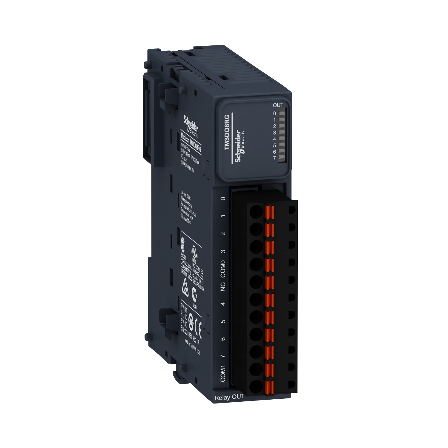 discrete output module, Modicon TM3, 8 relay outputs, spring, 24V DC
