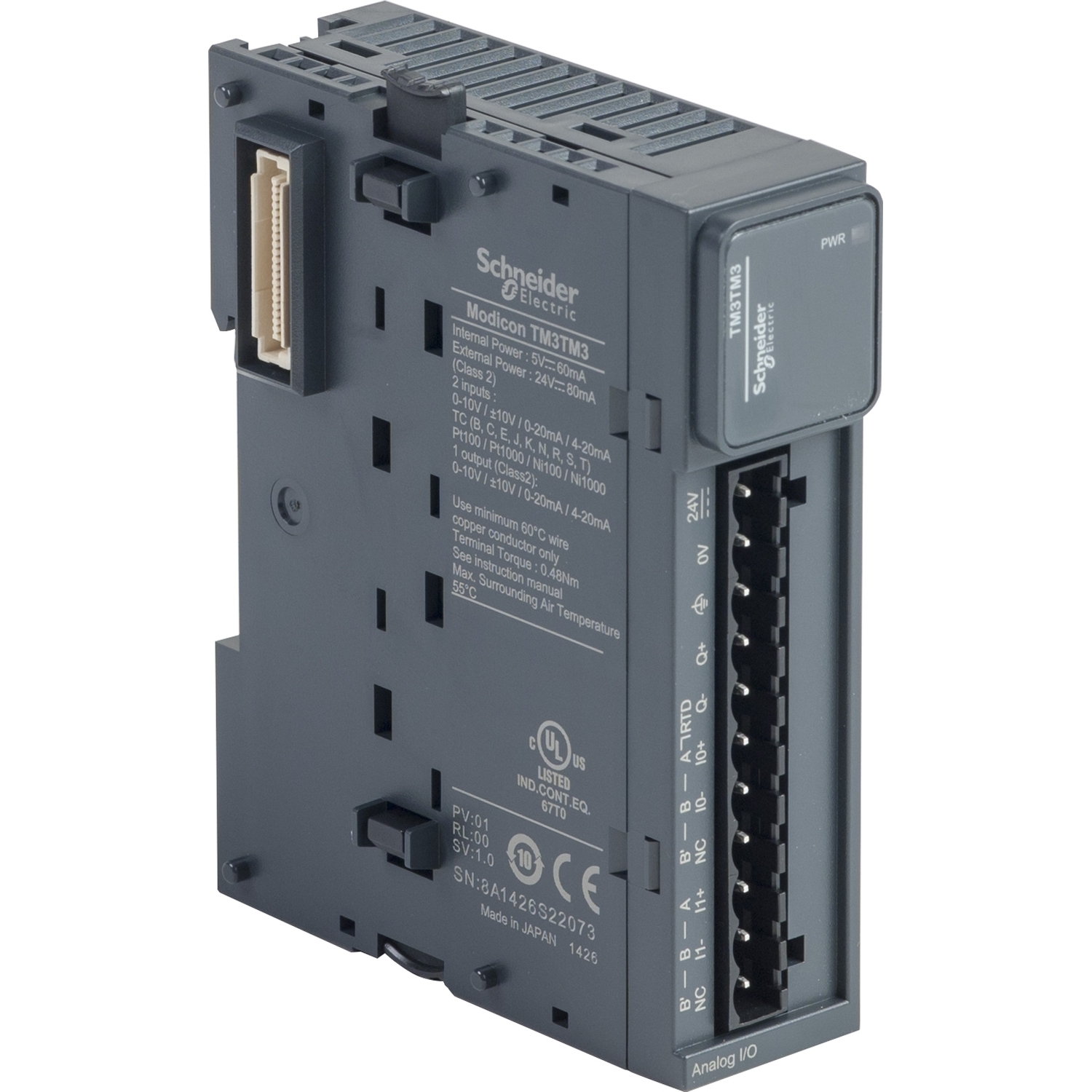analog IO module, Modicon TM3, 2 analog or temperature inputs, 1 analog output, screw, 24V DC
