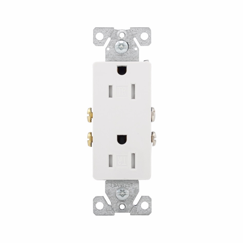 Eaton residential grade decorator duplex receptacle,#14-10 AWG,15A,Commercial,Residential,Flush,125V,Side and push,White,Brass,Impact-resistant thermoplastic face,PVC body,5-15R,Duplex,Screw,Thermoplastic,Core pack,Tamper-resistant