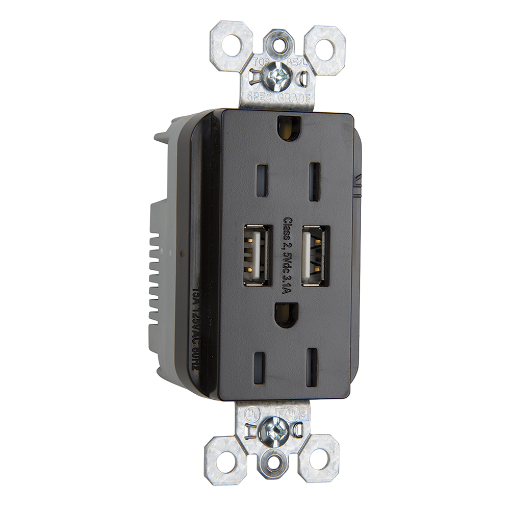 Combination 15A 125V Tamper-Resistant Duplex Outlet with Two USB Chargers - Brown