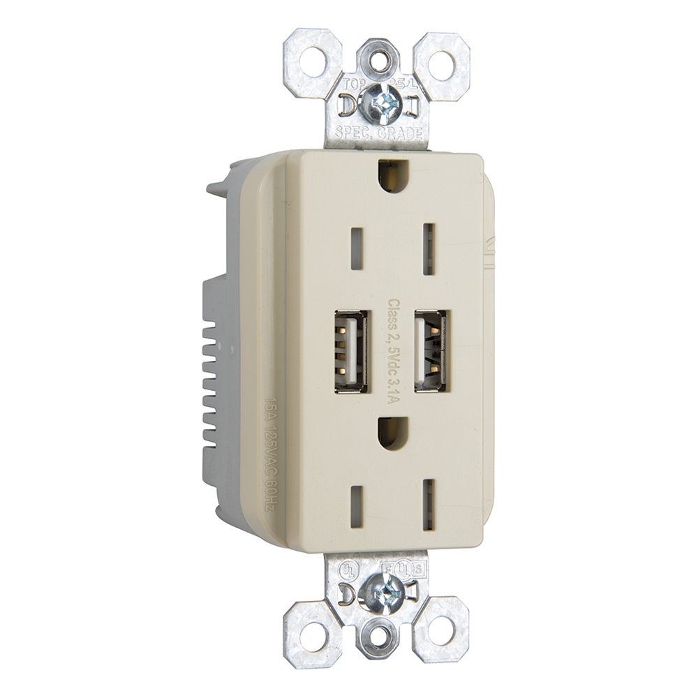 Combination 15A 125V Tamper-Resistant Duplex Outlet with Two USB Chargers - Ivory