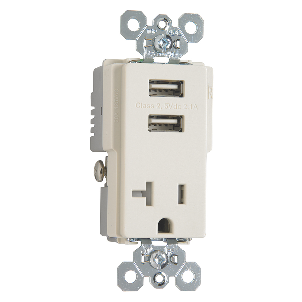 Decorator Combination 20A 125V Tamper-Resistant Outlet with Two USB Chargers - Light Almond