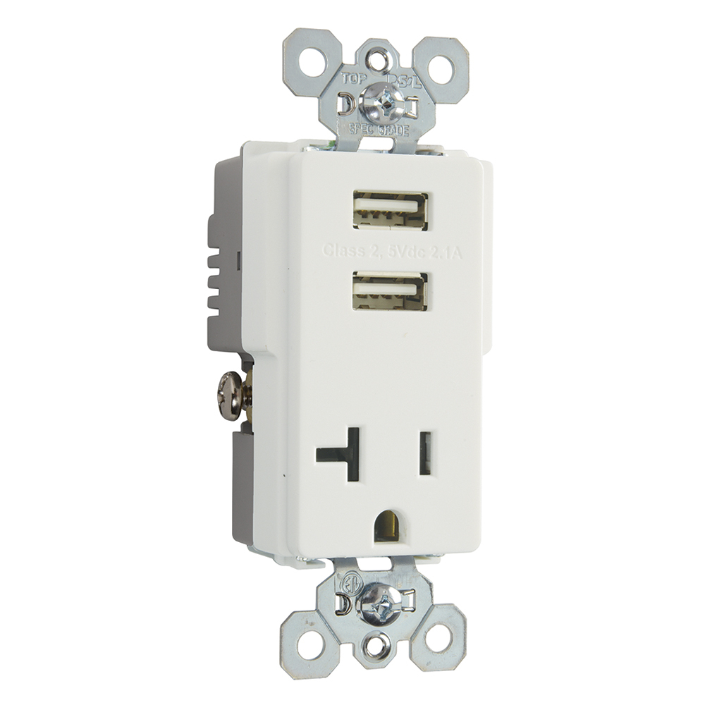20A 125V, Decorator Combination Tamper-Resistant Outlet with Two USB Chargers - White